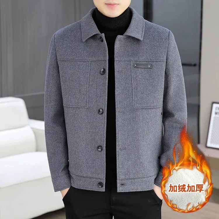 PLAYBOY花花公子修身翻领加棉加厚短款毛呢大衣冬季男士潮流休闲