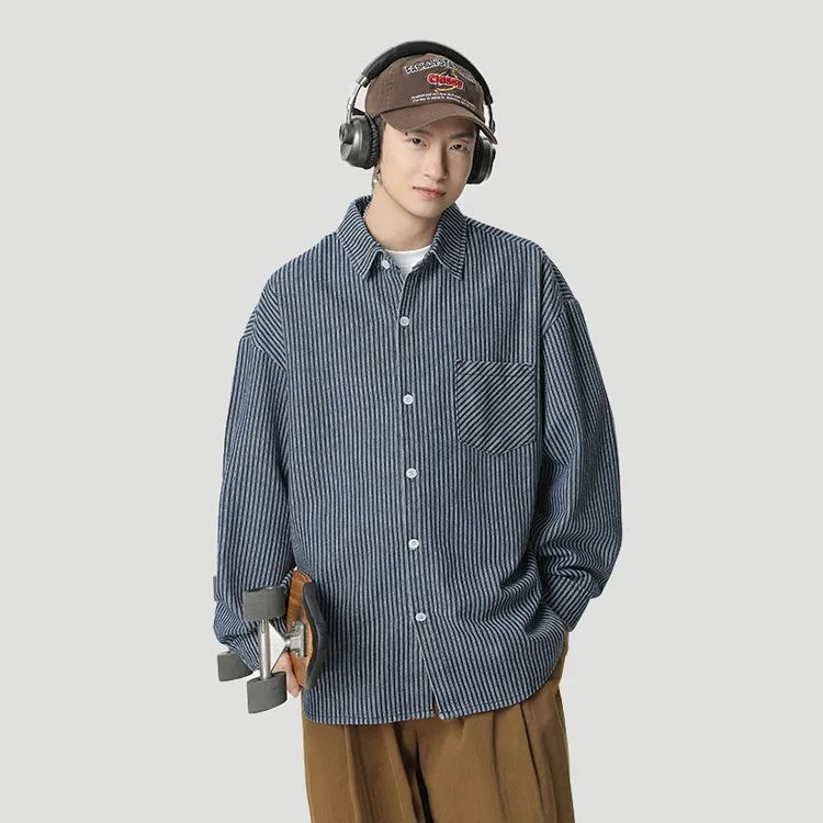 屁屁雪丨牛仔条纹长袖衬衫男秋季拼接设计日系复古休闲蓝色外套潮