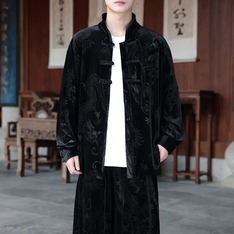 男士立领中山装茶服秋冬季中国风龙纹提花金丝绒外套复古盘扣唐装
