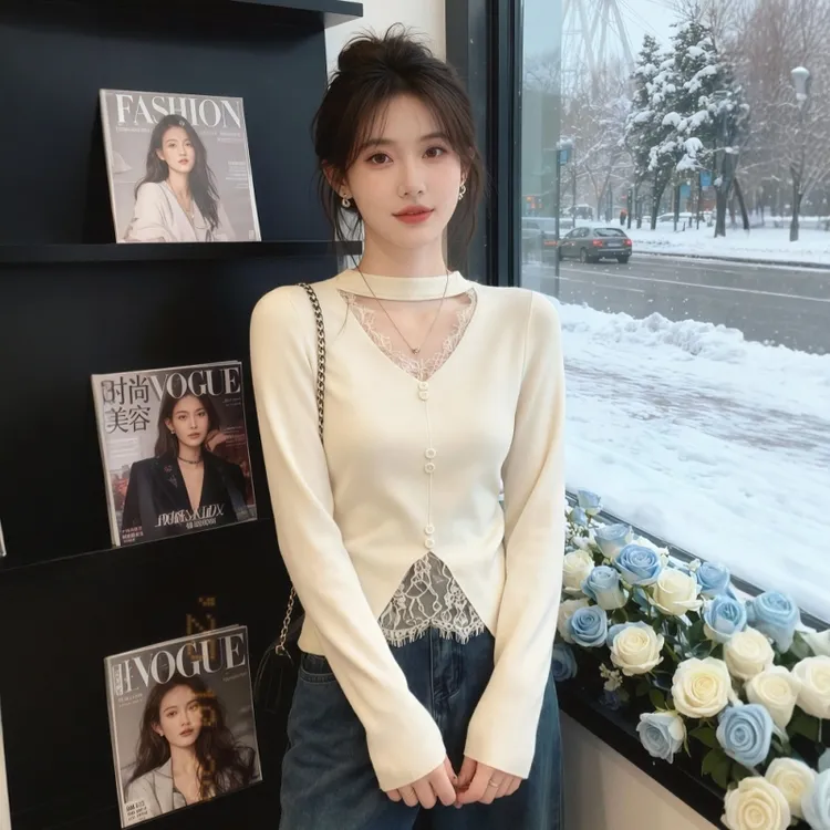 胖mm大码精致打底衫女秋冬新款法式蕾丝v领内搭针织衫假两件上衣