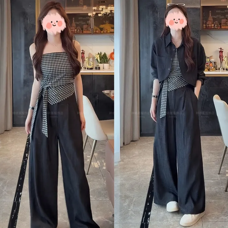 2025早秋新款时髦韩系显瘦洋气衬衫格子上衣舒适气质百搭长裤套装
