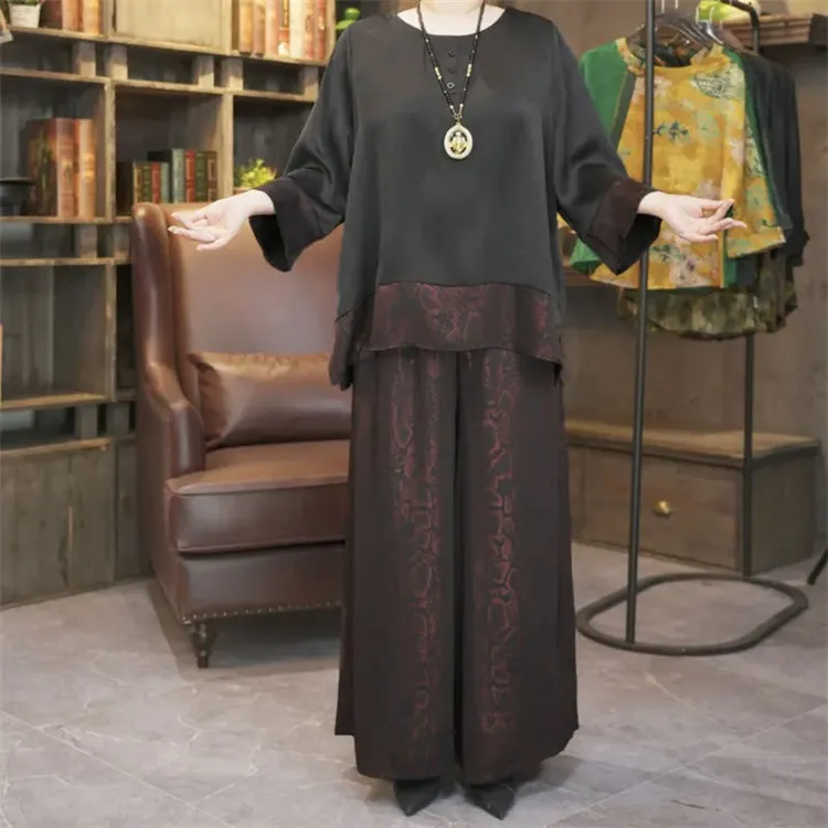 复古夏季妈妈时尚洋气宽松显瘦遮肉上衣高腰阔腿裤两件套