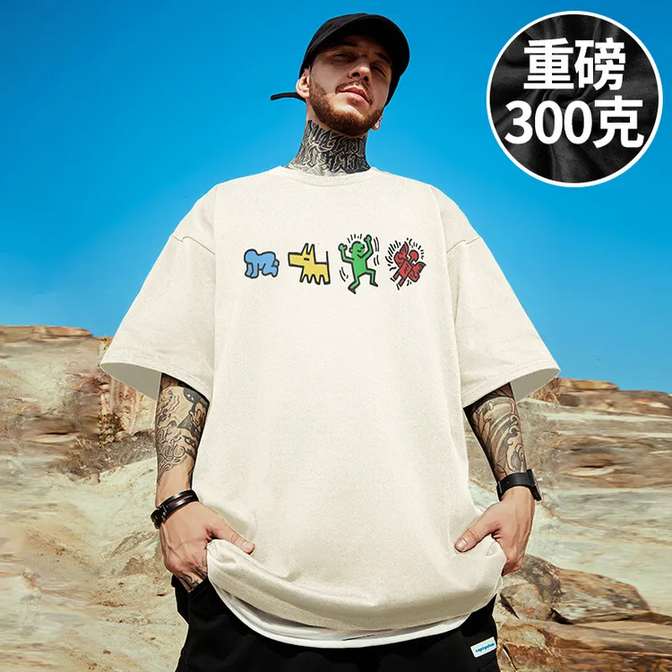 重工刺绣重磅300g男款宽松T恤短袖加肥加大码纯棉胖子半袖打底衫