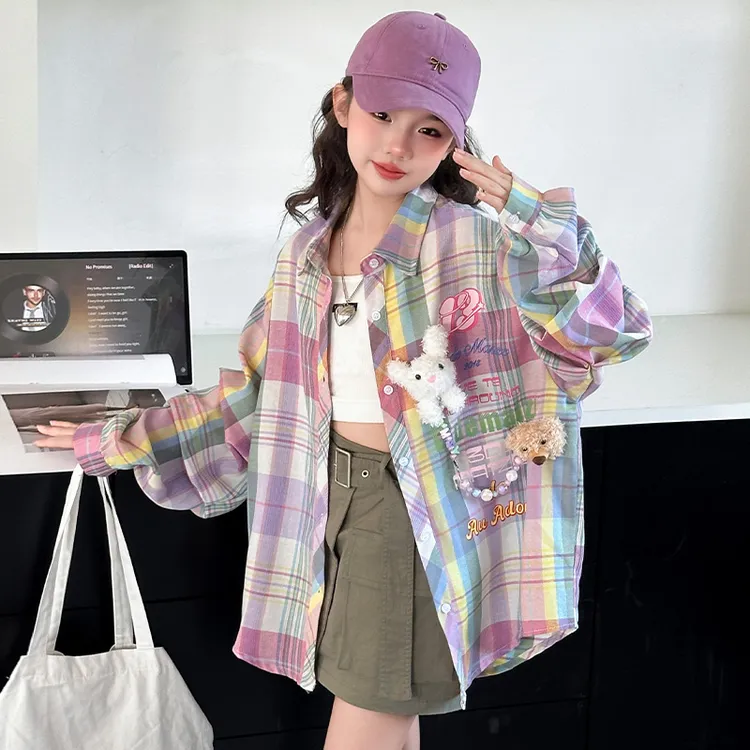 女大童格子衬衫外套春装甜美时尚2025新款青少年女孩百搭衬衣春秋