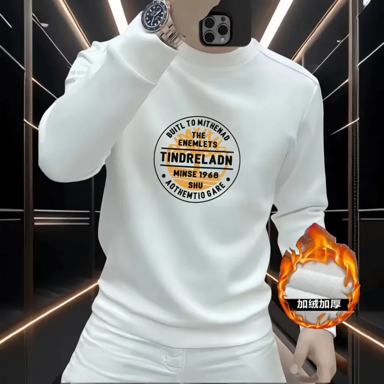 秋冬季潮牌保暖加绒时尚印花设计男士圆领加绒卫衣潮流百搭上衣服