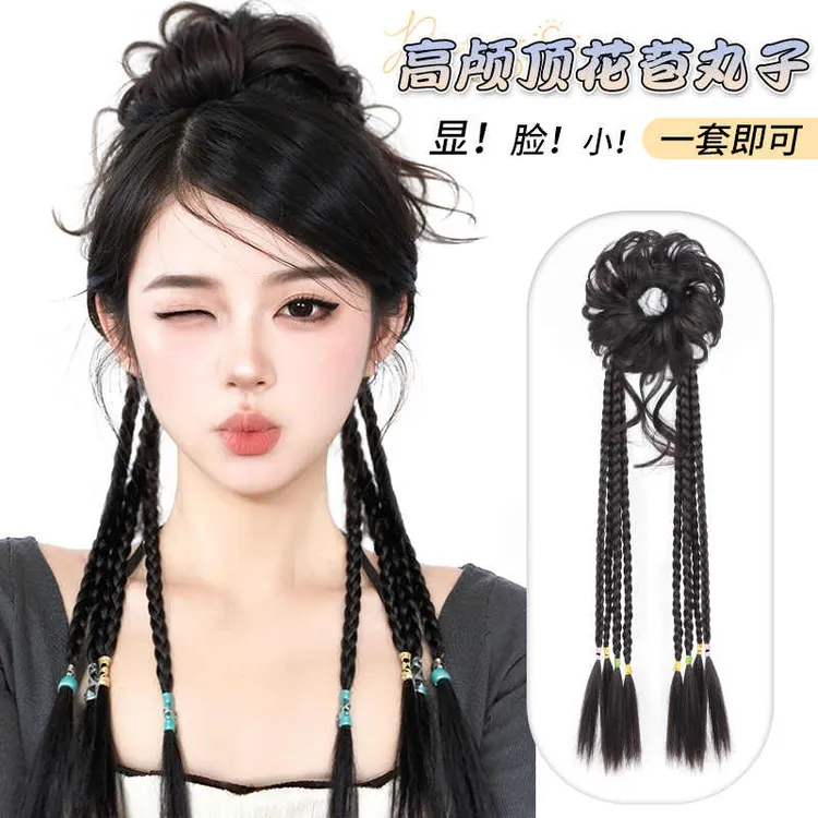 丸子头假发发圈蓬松自然增发量花苞头龙须半扎丸子头麻花拳击辫