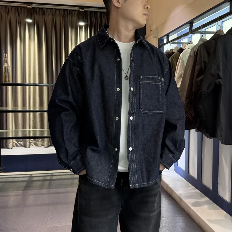 KP-X明线牛仔棉服夹克秋冬经典水洗翻领日系复古休闲男士衬衣外套
