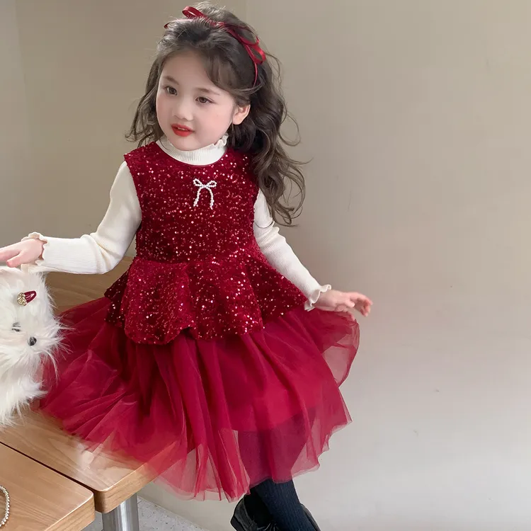 女童亮片加绒网纱裙套装秋冬新款洋气时髦连衣裙女宝宝生日公主裙