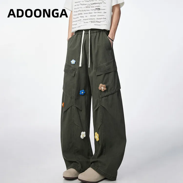 【交个朋友专属】ADOONGA美式复古花朵刺绣工装裤男女款宽松阔腿裤