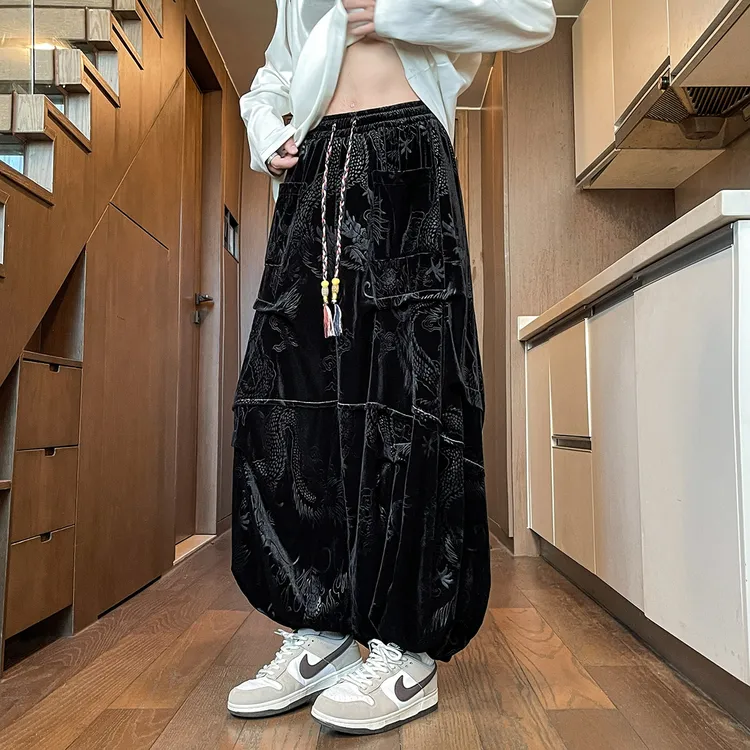 新中式金丝绒阔腿灯笼裤男士加肥加大码胖子宽松高级感束脚哈伦裤