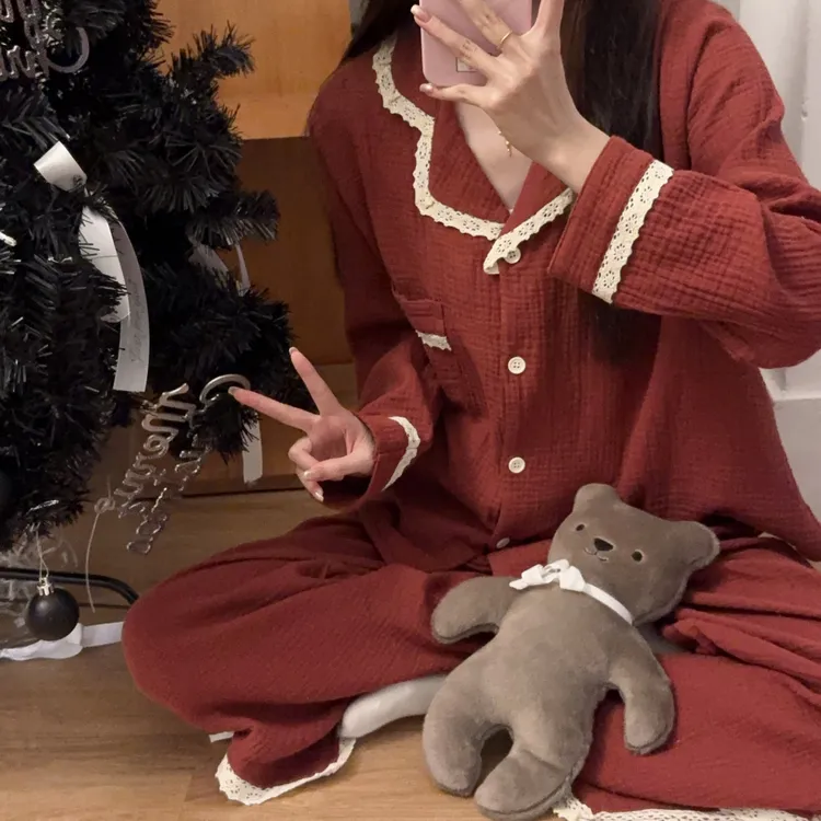 秋季纯棉睡衣女韩版花边开衫翻领外穿家居服2025新年爆款套装长袖