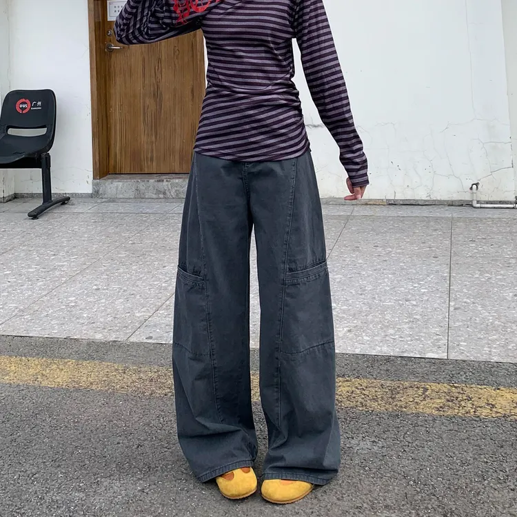 秋季大码美式高腰宽松直筒牛仔裤女梨型遮胯显瘦灰色阔腿工装裤子