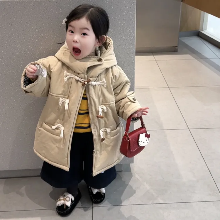 儿童棉服男女童冬季加厚牛角扣连帽中长款大衣宝宝休闲棉衣外套潮