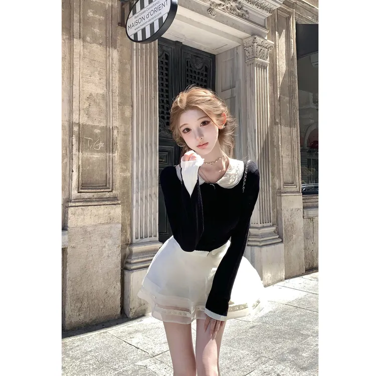 2025夏季新款韩系学院风小众娃娃领设计针织上衣配显瘦短裙套装女