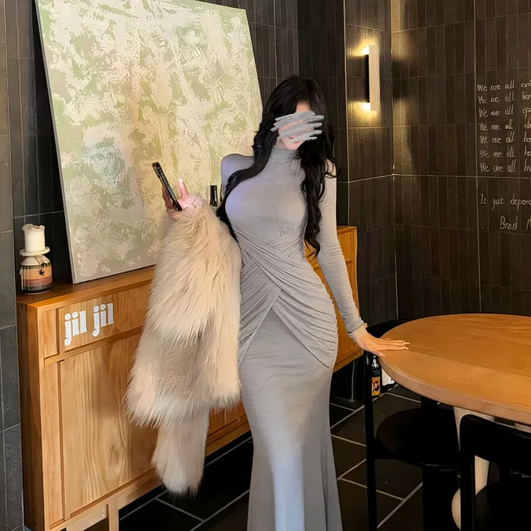 instahot 设计师款秋冬内搭连衣裙半高领修身拼接遮肉显瘦长裙