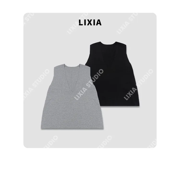LIXIA【秋波】极简慵懒休闲风时尚潮流深V领含羊毛背心马甲-D9550