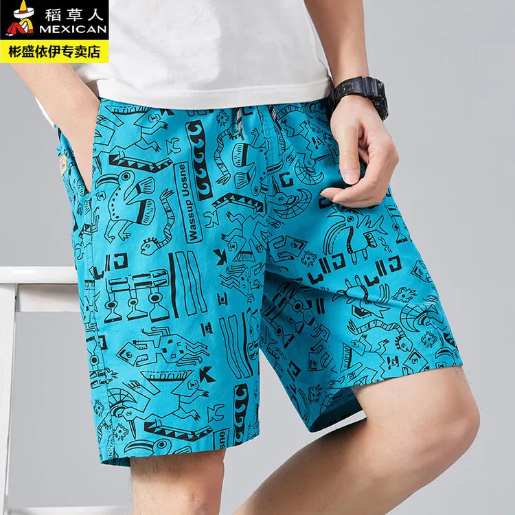 Mexican/稻草人夏季纯棉短裤男士沙滩裤宽松五分裤格子大裤衩外穿