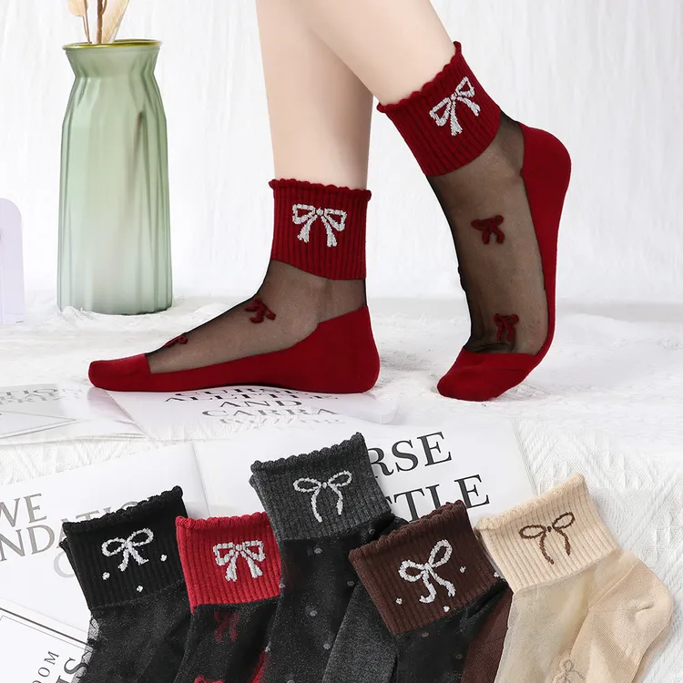 波点蝴蝶结春夏新款ins潮中筒日系百搭女袜花边中筒袜个性