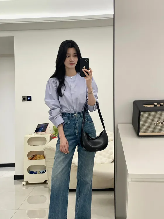 【风影】纯色设计感圆领长袖简约衬衫通勤温柔搭配牛仔裤一整套