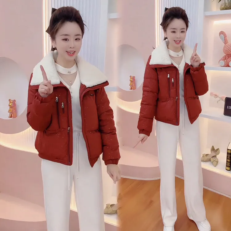 大翻领红色棉服女2025新款冬季保暖棉衣加厚宽松短棉袄外套