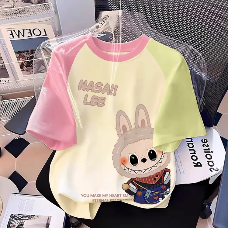 卡通印花女童T恤儿童亲肤短袖夏季纯棉休闲撞色上衣宽松亲子装