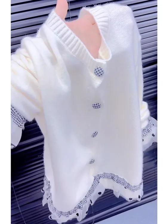 温柔风甜美蕾丝拼接波点毛衣外套女早秋季设计感长袖针织开衫上衣
