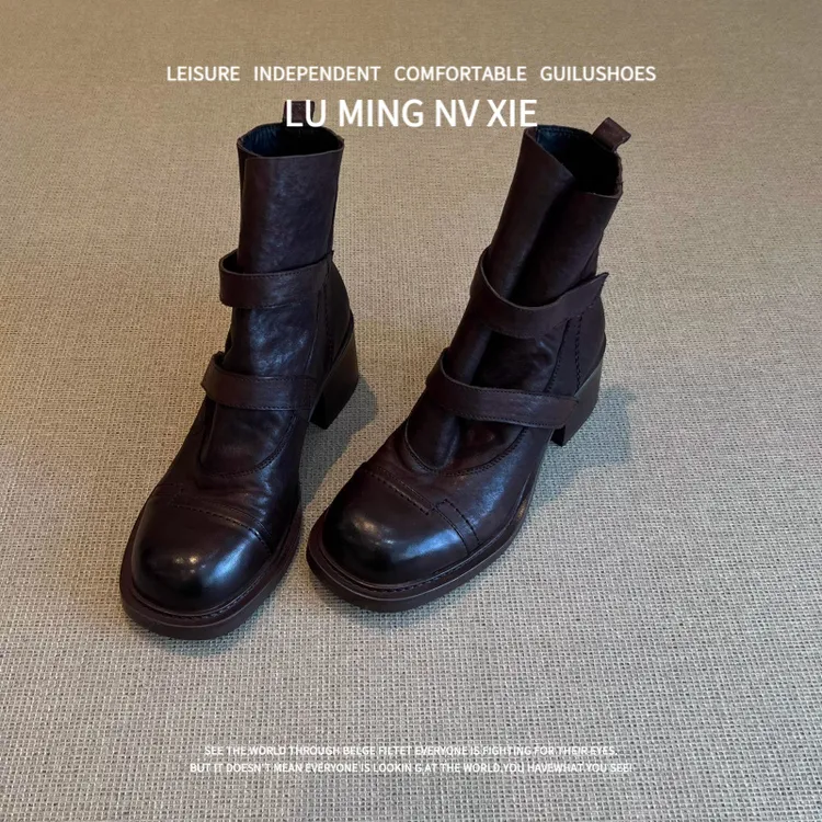 全羊皮~复古风气质时尚简约百搭粗跟高筒小众设计感时装靴