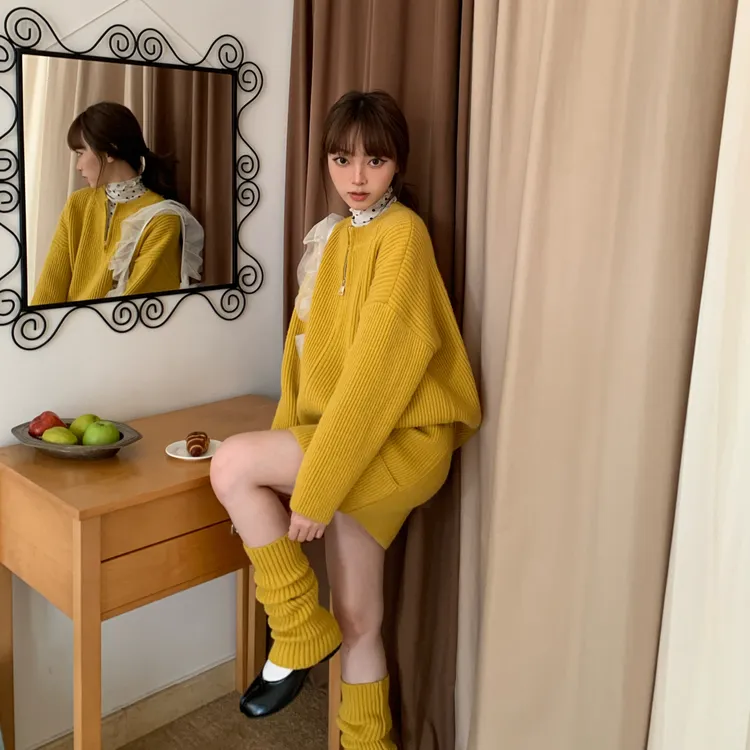 暖冬纪事～韩系复古设计感毛衣开衫短裙脚套毛衣三件套时尚秋冬