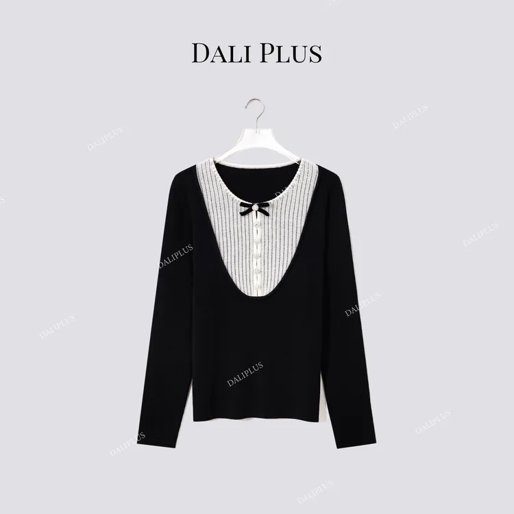 DALI PLUS“100超细精仿绵羊毛”撞色钉珠针织开衫-D5MM3308