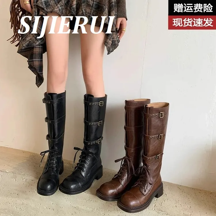 SIJIERUI绑带高筒骑士靴女2025秋冬新款真皮复古做旧皮带扣长筒靴