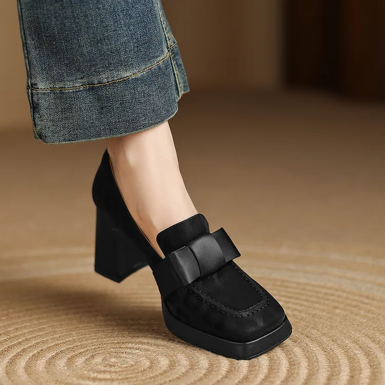 小个子手工女鞋8cm~复古方头乐福鞋女蝴蝶结防水台粗跟百搭单鞋女