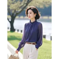 2025新款漂亮小衫开春通勤深蓝色长袖衬衫法式女士设计感小众套装