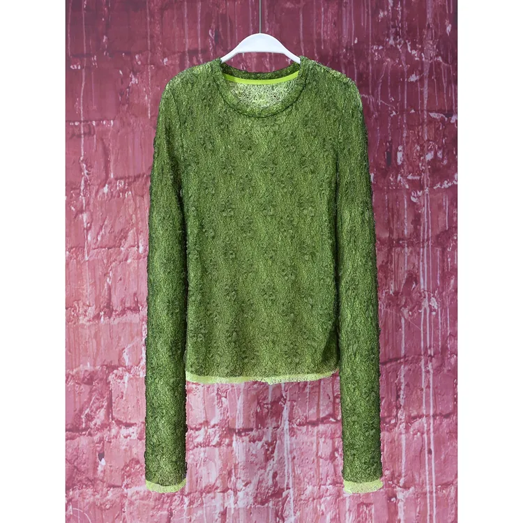 【韩哥女装】夏季深棕绿轻薄上衣蕾丝勾花圆领冰凉感网纱皮肤衣7162