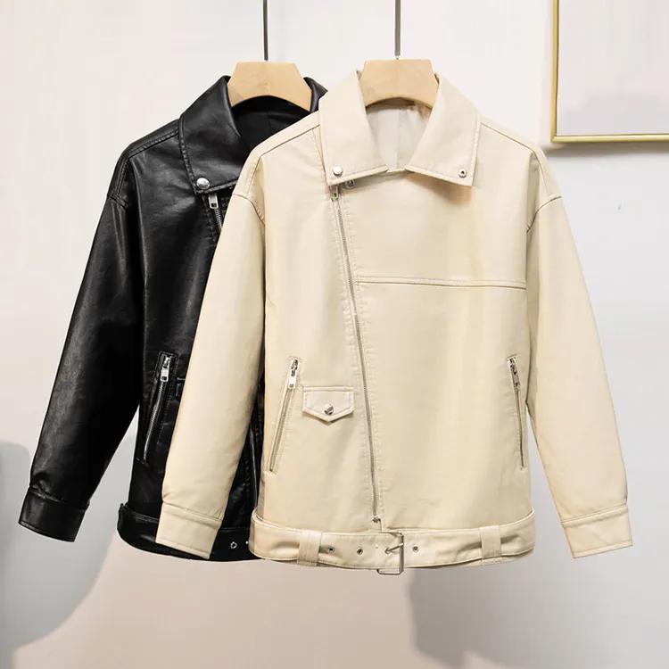 2025春秋新款杏色机车中长款宽松休闲pu皮衣外套显瘦帅气洋气短款