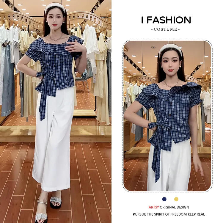 时尚法式高级感套装女2026夏季新款洋气显瘦方领上衣阔腿裤两件套