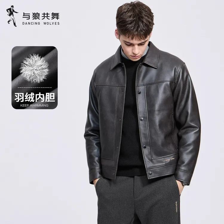 【羽绒内胆】与狼共舞翻领PU皮夹克男士2025秋冬新款石墨烯外套