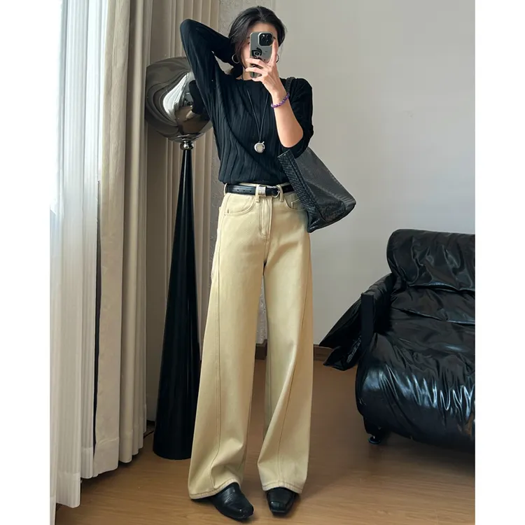 奶茶色加绒牛仔裤女款爆款2025新款冬季加厚保暖高腰直筒阔腿裤子