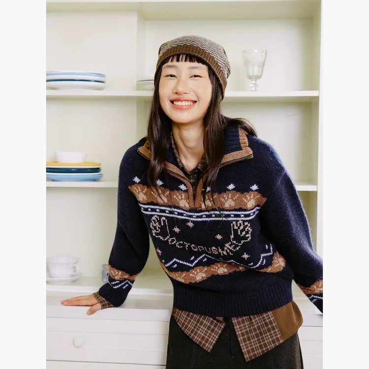 章鱼家【特色文字提花】费尔岛LOGO半开襟毛衣宽松文艺感octopusme