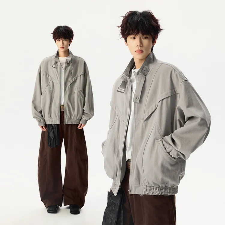 美式高级感纯色夹克男士秋季高街cleanfit情侣潮牌立领工装外套女