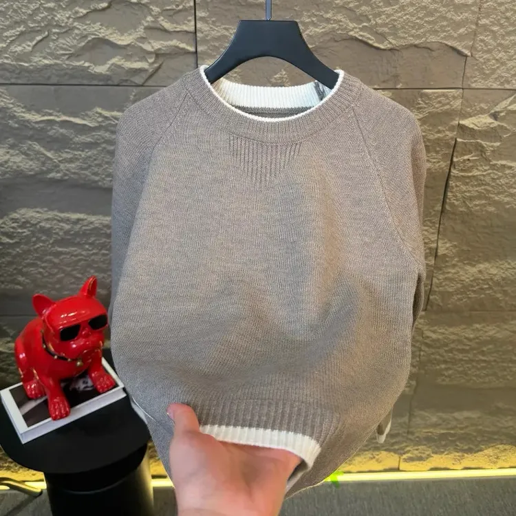 高档新款圆领毛衣男士秋冬季时尚长袖针织打底衫潮流男装上衣9389