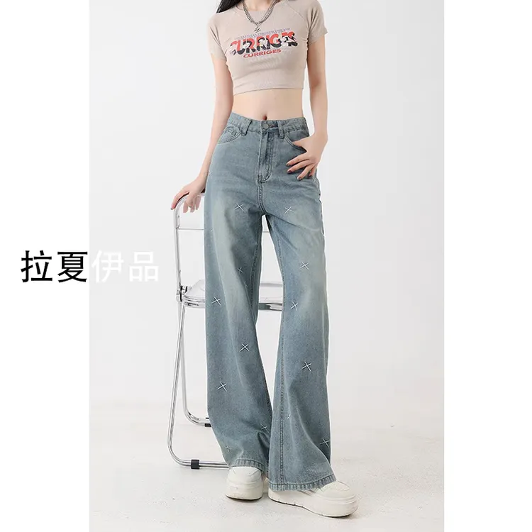 早秋新款大码刺绣牛仔裤女高腰宽松显瘦遮肉阔腿直筒大码女装胖mm