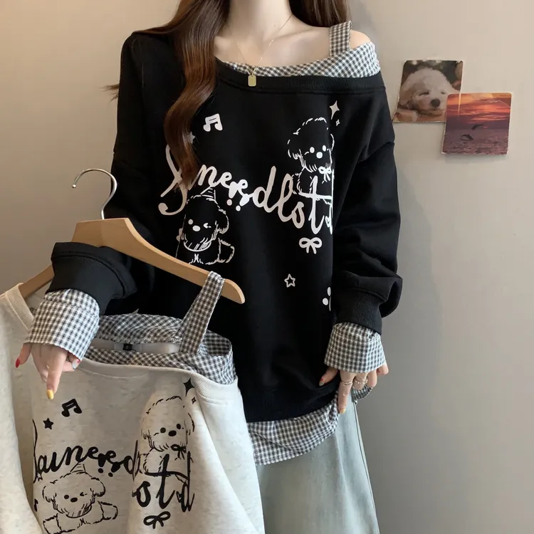 新品胖MM美式慵懒chic小狗印花斜肩卫衣女秋季拼接格纹假两件露肩