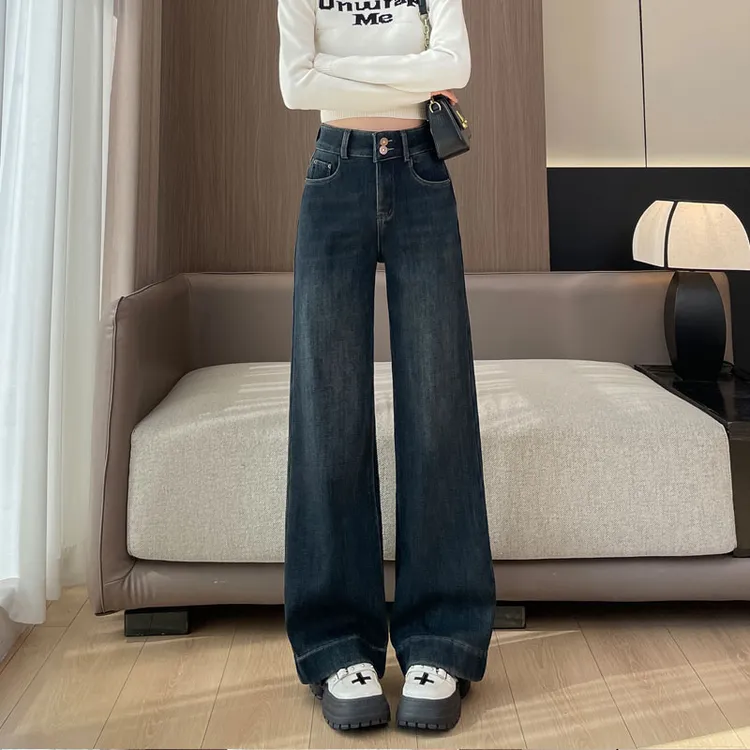 高个子加长阔腿牛仔裤女加绒175超长版宽松拖地裤大码高腰阔腿裤