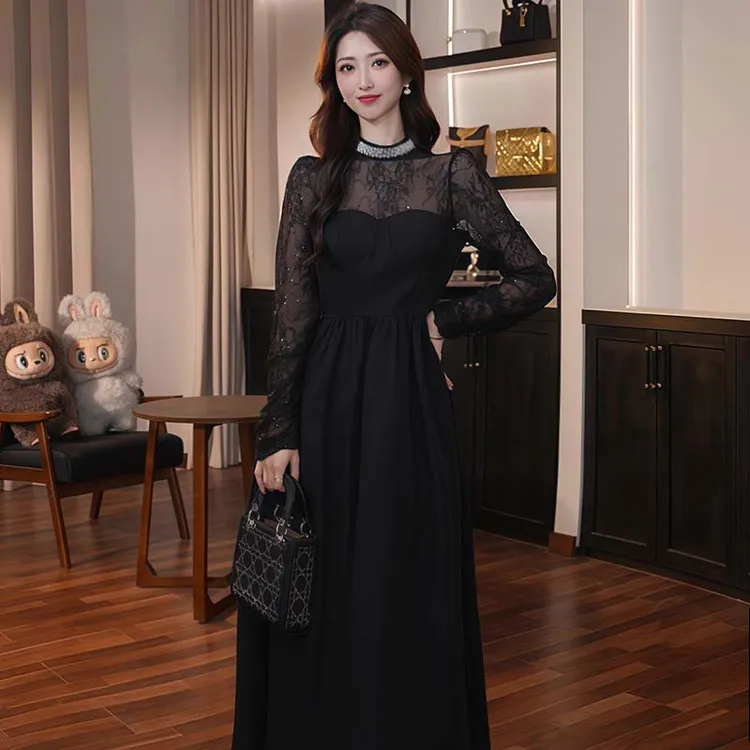 黑色晚礼服连衣裙女蕾丝拼接高级感赫本风收腰大摆裙QJ0035