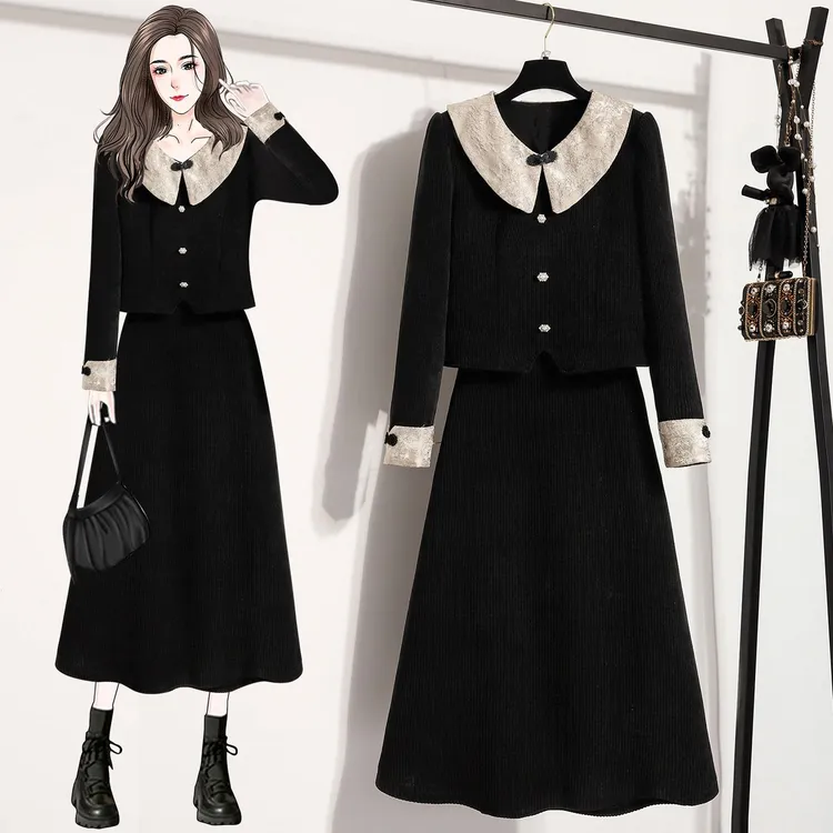 2025秋冬季新款大码胖mm高级感灯芯绒两件套娃娃领小香风时尚套装