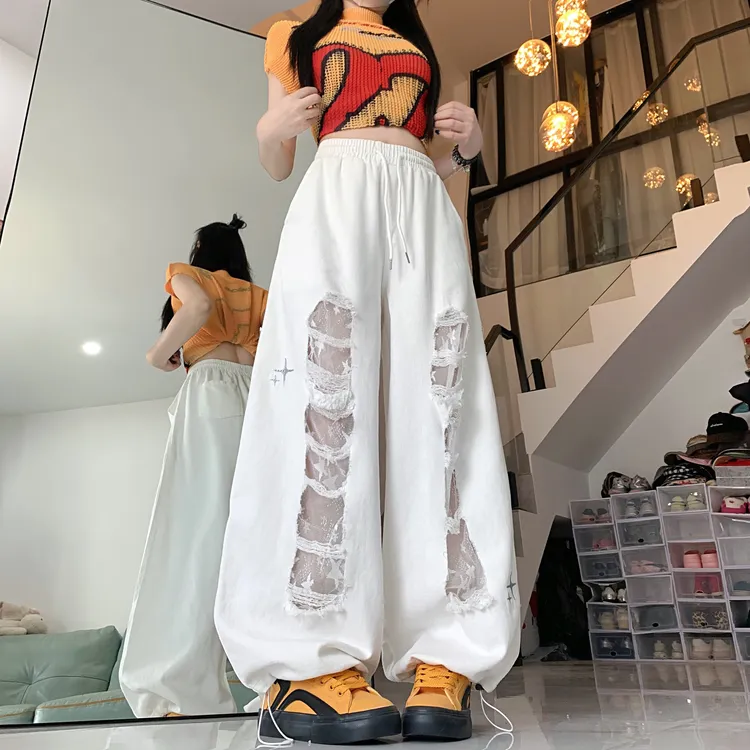 牛仔蕾丝贴布破洞跳舞长裤阔腿宽松欧美[卡码拍小 先拍先发]