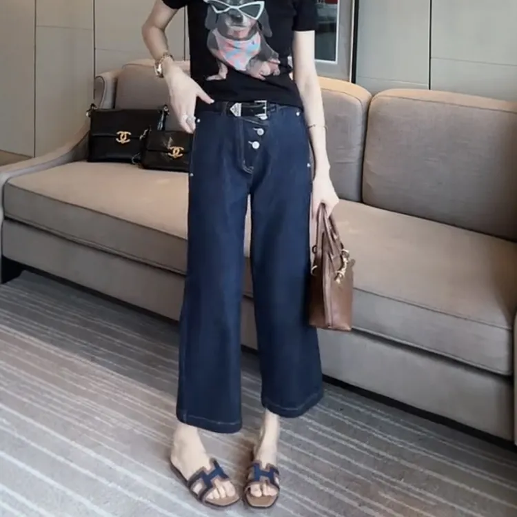 春季新款弹力显瘦宽松九分阔腿裤子大码女装复古百搭直筒牛仔裤女