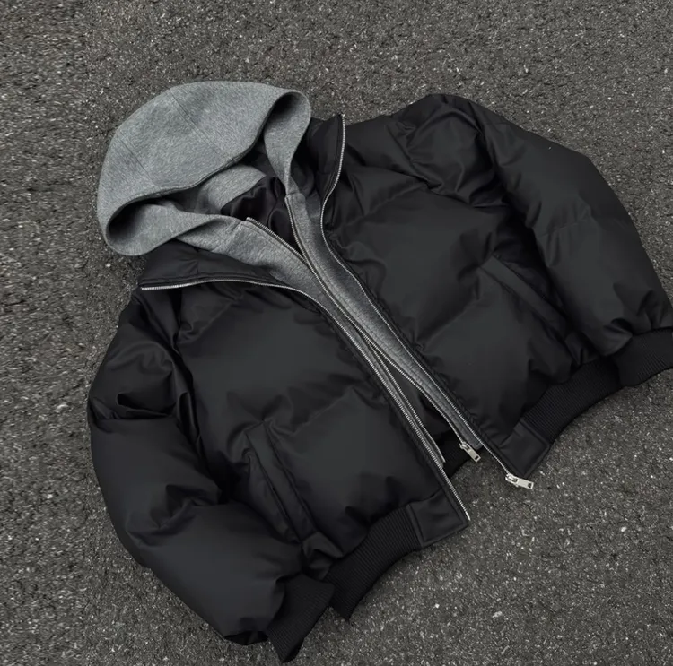 HN潮牌-【假两件】冬季连帽PU皮双拉链加厚棉服男宽松保暖百搭棉衣