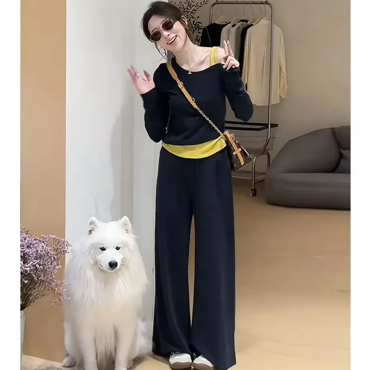 百搭减龄洋气套装轻奢高级感设计小众假两件上衣搭配休闲裤两件套