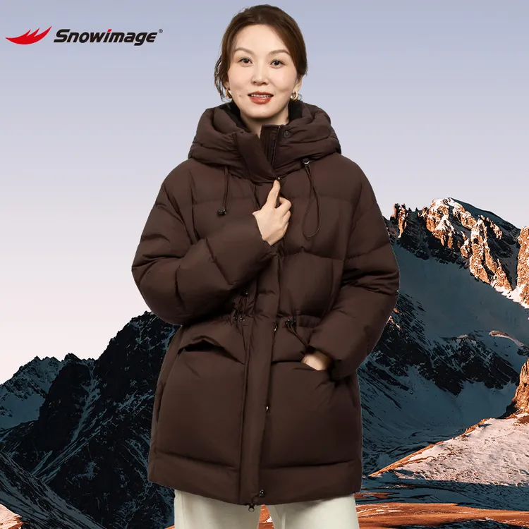 SNOW IMAGE外贸加厚冬季防风连帽短款圆领拼接可收腰中长款羽绒服